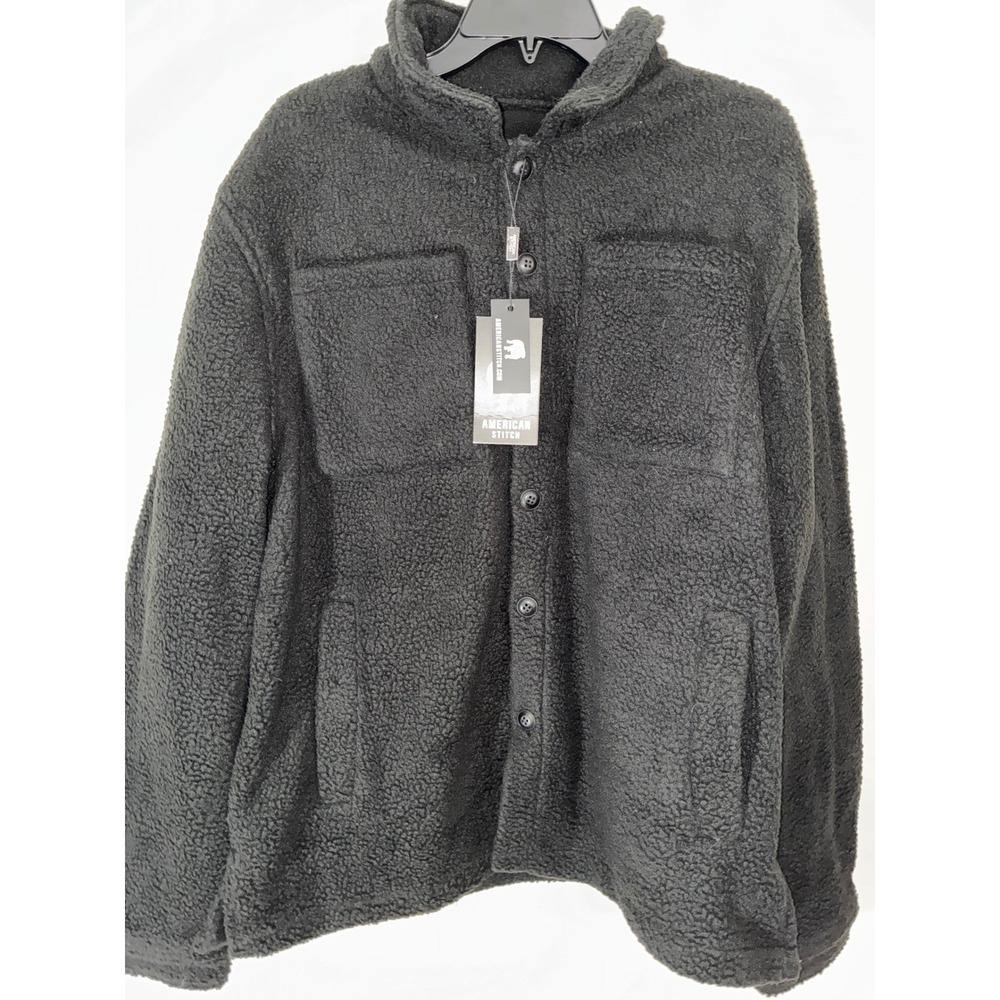 American Stitch Fleece Jacket Mens Medium Black Double Pocket Button up Front